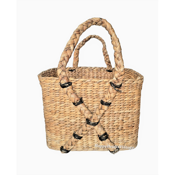 Vintage Raffia Large Two Handle Rectangle‎ Basket - Bohemian Home Decor Storage - Picture 1 of 10